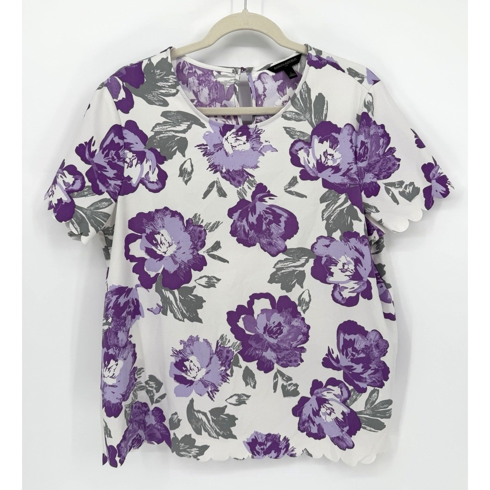 Banana Republic Women's L Blouse Purple Floral‎ Scalloped Sleeves Feminine Chic